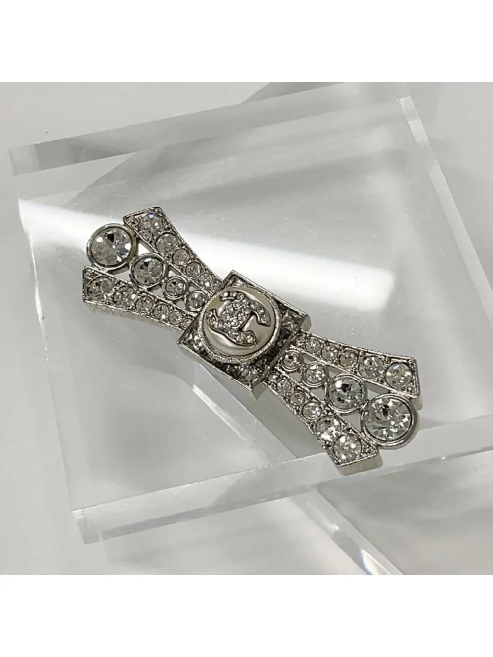 Chanel Brooch Coco Mark Rhinestone Ribbon Pearl Silver